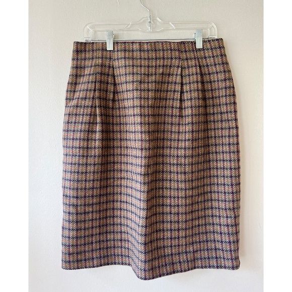 Tofy Size 14 Classic Wool Brown Retro A Line Midi Skirt Plaid Boho Chic Casual - Picture 1 of 10